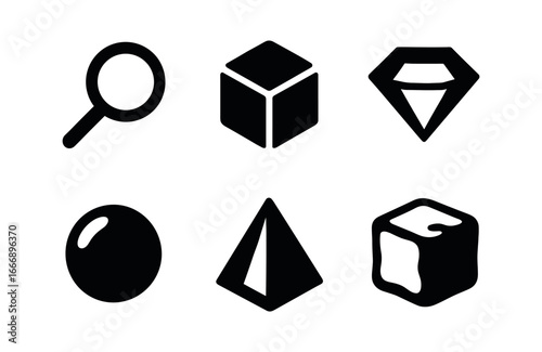 vector solid black filled icons clarity (objects): magnifying glass clear cube polished gem prism glass sphere ice block.