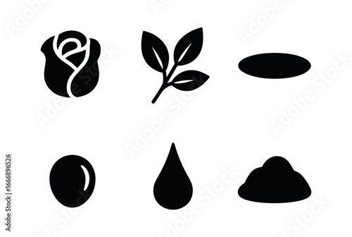 vector solid black filled icons peak bloom season (rose garden): rose head leaf spray shadow smear highlight rim thorn dot soil mound.