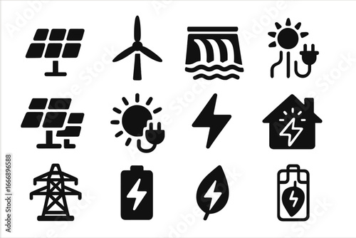 Renewable Energy Icons. Solid style icons of renewable power: solar panel icon, wind turbine, hydroelectric dam, geothermal energy