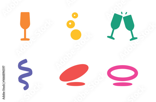 vector colorful filled icons celebrating anniversary (champagne toast): flute glass bubbles icon clink line ribbon curl shadow smear light rim.