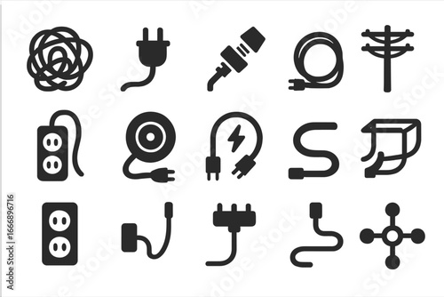 Power Line Icons. Solid style icons of power lines and cables: tangled wire icon, electric cord with plug, cable connection bolt,