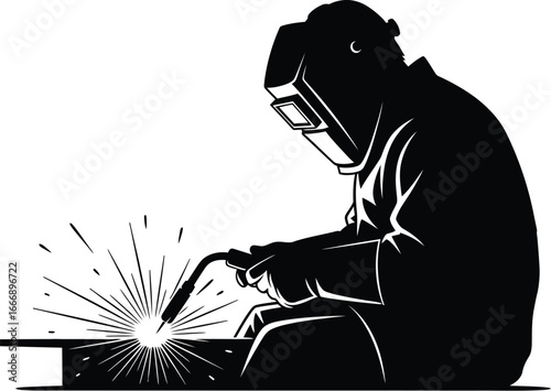 Vector art of a silhouette of a welder at work with sparks flying, representing industry, construction, and skilled labor in a metal fabrication process