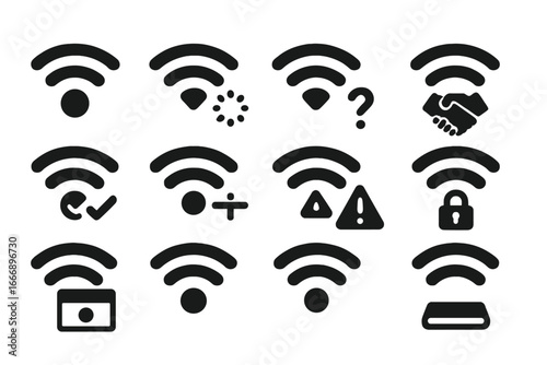 Wi-Fi Connection Icons. Solid style icons of Wi-Fi connection status: connecting Wi-Fi icon, Wi-Fi with spinner, Wi-Fi with