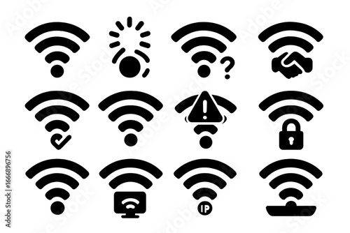 Wi-Fi Connection Icons. Solid style icons of Wi-Fi connection status: connecting Wi-Fi icon, Wi-Fi with spinner, Wi-Fi with