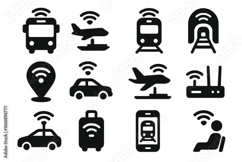 Public Transport Wi-Fi Icons. Solid style icons of Wi-Fi on public transport: bus with Wi-Fi icon, airplane Wi-Fi tray, train with