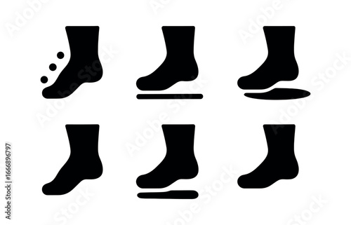 vector solid black filled icons hesitation (tapping foot): foot silhouette motion dots ground line shadow smear highlight rim light accent.