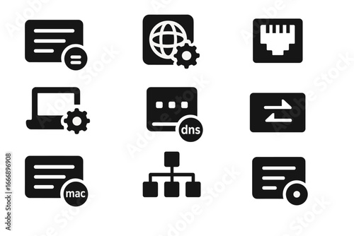 Network Icon Set. Solid style icons of network configuration: IP settings tray, network preferences icon, port configuration,