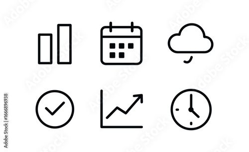 vector outline icons budget review session (forecast vs actual): dual bars calendar forecast cloud actual check trend line clock.