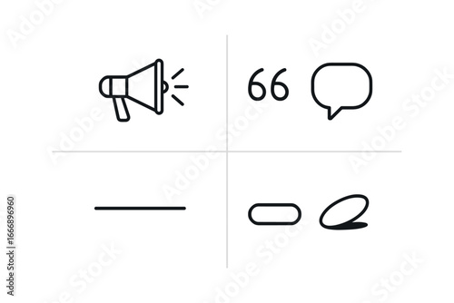 vector outline icons company mission statement (purpose slogan): megaphone icon quote marks speech bubble text line highlight shadow smear.