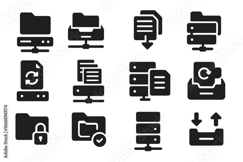 File Server Icons. Solid style icons of file servers: file folder on server icon, shared directory tray, SMB protocol symbol, FTP