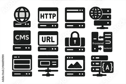 Solid Web Server Icons. Solid style icons of web servers: globe on server icon, HTTP server tray, website hosting server, domain