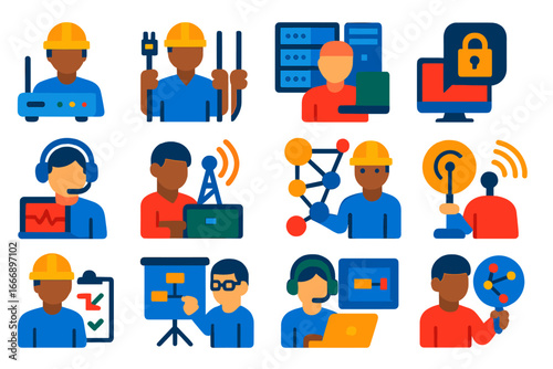 Networking Career Icons. Flat vector icons of Networking Careers: network engineer, cable installer, system admin, cybersecurity