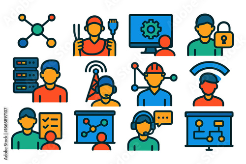 Networking Career Icons. Flat vector icons of Networking Careers: network engineer, cable installer, system admin, cybersecurity
