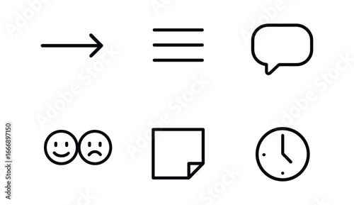 vector outline icons UX design sprint (retrospective): timeline arrow list icon chat bubble smile/frown sticky note clock.