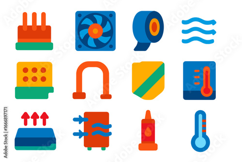 Flat SSD Cooling Icons. Flat vector icons of SSD Cooling Solutions: SSD heatsink, cooling fan, thermal tape, airflow icon, vented