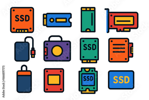 Colorful SSD Icons. Flat vector icons of SSD Types: SATA SSD, NVMe SSD, M.2 SSD, PCIe SSD, external SSD, U.2 SSD, mSATA SSD,