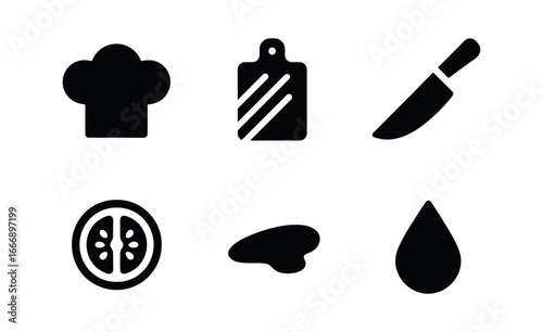 vector solid black filled icons chef hat and utensils (cutting board): board grain knife blade vegetable slice shadow smear juice drop light rim.