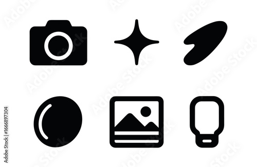 vector solid black filled icons ethnographer (camera capture): camera outline lens flare shadow smear highlight rim field scene strap loop.