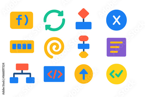 Colorful Programming Icons. Flat vector icons of Programming Concepts: function block, loop icon, conditional statement, variable