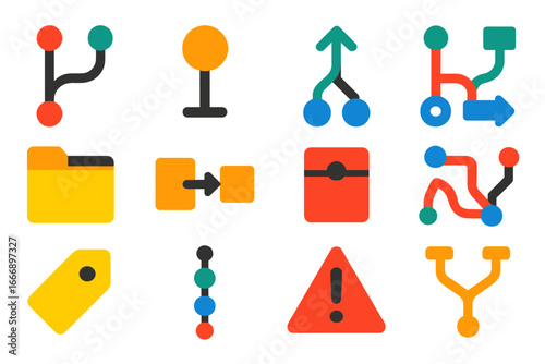 Colorful Git Icons. Flat vector icons of Git and Version Control: git branch, commit node, merge arrows, pull request icon,