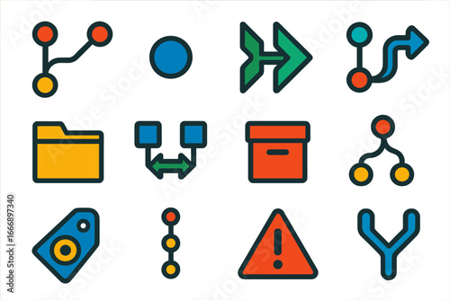 Colorful Git Icons. Flat vector icons of Git and Version Control: git branch, commit node, merge arrows, pull request icon,