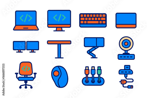 Coding Device Icons. Flat vector icons of Coding Devices: laptop with code, desktop monitor, mechanical keyboard, touchpad, dual
