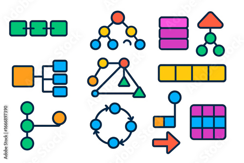 Modern Data Structure Icons. Flat vector icons of Data Structures: linked list, binary tree, stack icon, queue line, hash table,