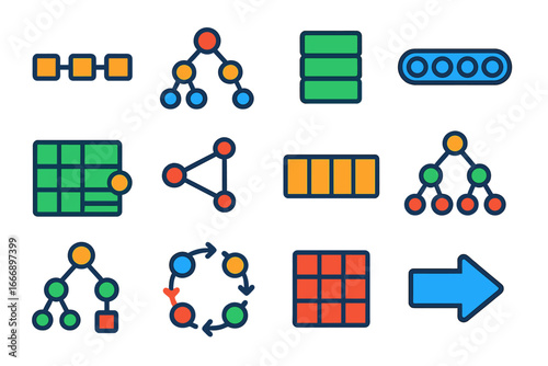 Modern Data Structure Icons. Flat vector icons of Data Structures: linked list, binary tree, stack icon, queue line, hash table,