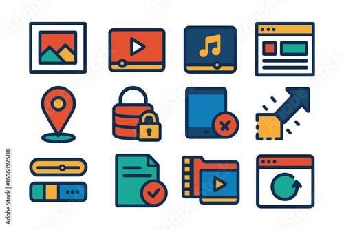 Modern HTML5 Icons. Flat vector icons of HTML5 Features: canvas element, video tag, audio tag, semantic elements, geolocation icon
