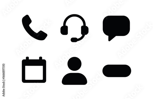 vector solid black filled icons client onboarding process (kickoff call): phone icon headset outline calendar icon chat bubble profile dot shadow smear.