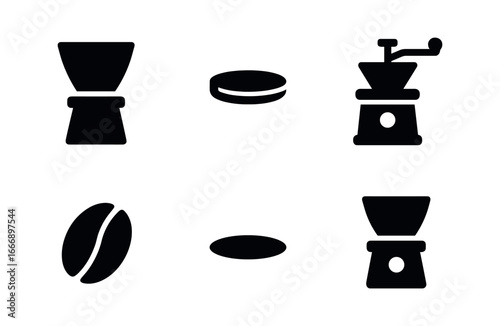 vector solid black filled icons coffee grinder (hopper top): bean hopper lid rim grinder body coffee bean shadow smear light rim.