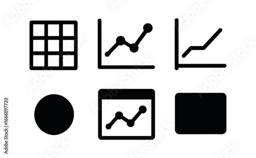 vector solid black filled icons data analytics dashboard (line chart): chart grid line plot axis labels point marker title bar shadow smear.