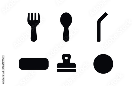 vector solid black filled icons reusable utensils (silicone set): silicone fork silicone spoon silicone straw case outline hinge clip label dot.