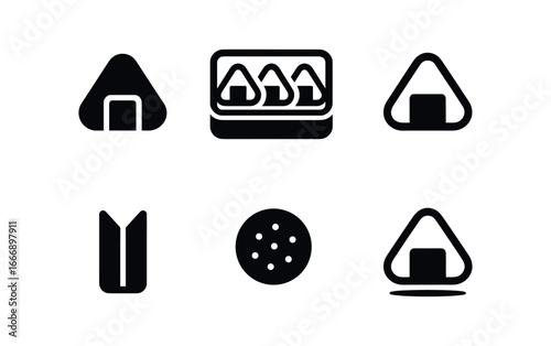 vector solid black filled icons bento box meal (onigiri trio): onigiri triangles nori wrap box divider sesame dot highlight rim shadow smear.
