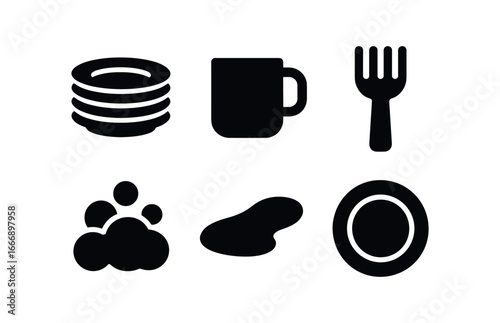 vector solid black filled icons kitchen counter mess (unwashed dishes): plate stack cup outline fork tine soap suds shadow smear highlight rim.