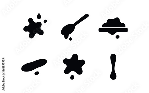 vector solid black filled icons kitchen counter mess (sauce splatter): sauce droplets spoon tip countertop line shadow smear highlight rim drip line.