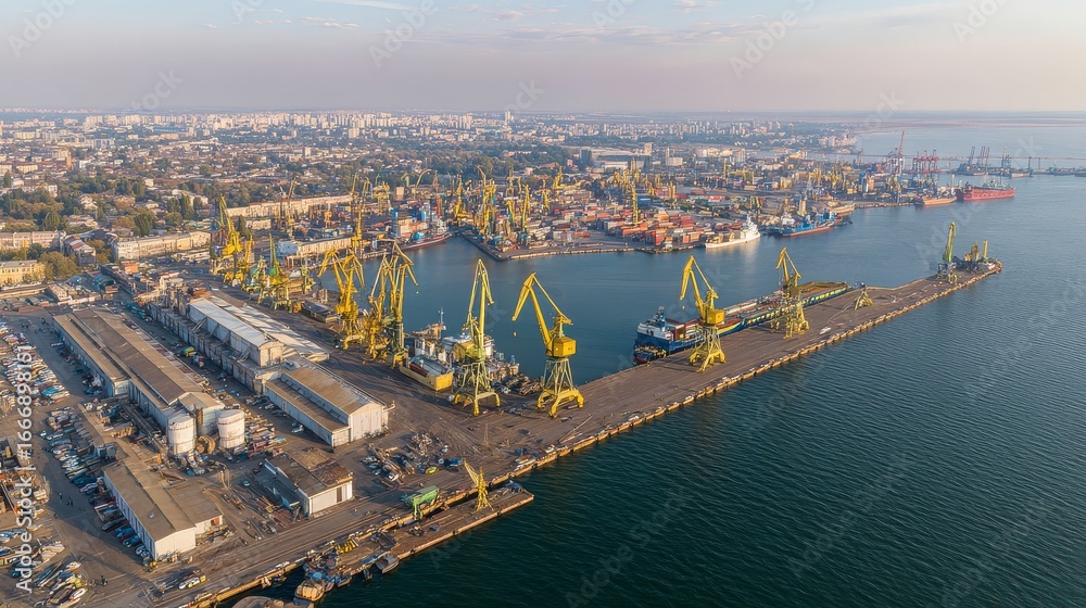 Fototapeta premium Aerial view of bustling port with cranes and cargo operations under natural light, dynamic industrial atmosphere and maritime trade concept