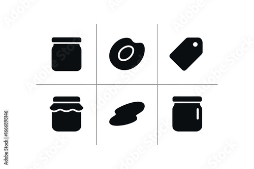 vector solid black filled icons homemade jam jar (apricot jam): jar rim apricot slice label tag lid cloth shadow smear highlight rim.