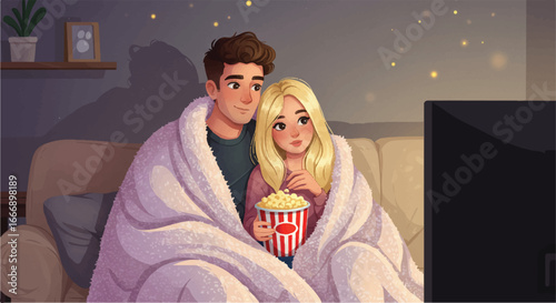 A cozy 2D flat design illustration shows a happy couple relaxing on a comfortable couch, sharing popcorn and a soft blanket while enjoying a movie at home.