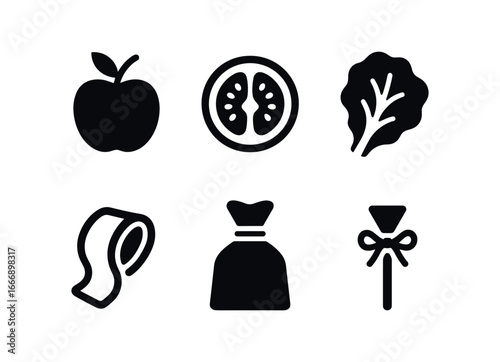 vector solid black filled icons zero waste grocery (loose produce): icon tomato slice lettuce leaf cucumber ribbon bag tie highlight rim.