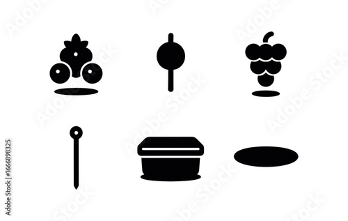 vector solid black filled icons kids lunchbox (fruit skewer): berry trio melon ball grape cluster skewer stick container edge shadow smear.