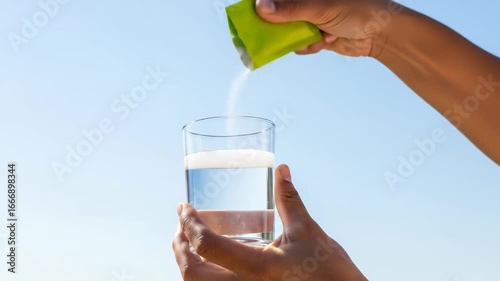 Hand pouring powder supplement into glass of water on blue background, Dissolving drink supplement to restore energy balance after workout routine