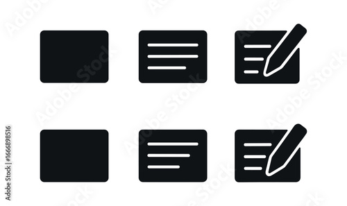 vector solid black filled icons index cards (minimal): single card plain background clean handwriting black pen tidy edges neat spacing.