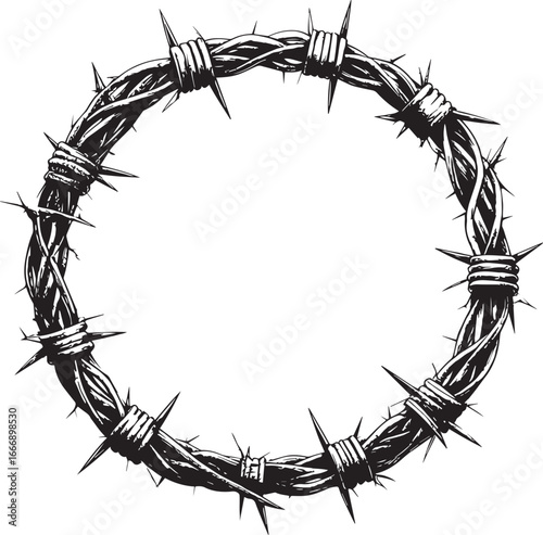 Barbed Wire Round Frame Silhouette | Black Vector Icon