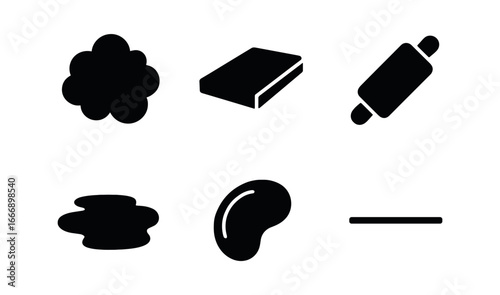 vector solid black filled icons kitchen counter mess (flour dusted): flour cloud board edge rolling pin shadow smear highlight rim countertop line.