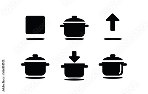 vector solid black filled icons cooking tutorial video (step overlay): step number text overlay pot icon arrow tip shadow smear highlight rim.