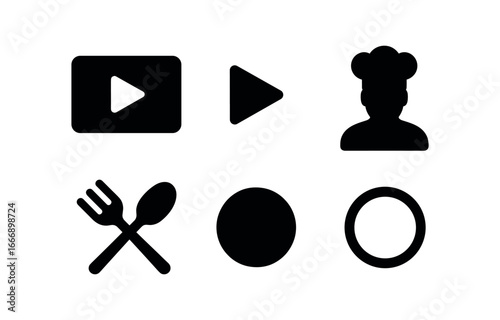 vector solid black filled icons cooking tutorial video (play button): video frame play icon chef silhouette utensil dot shadow smear light rim.