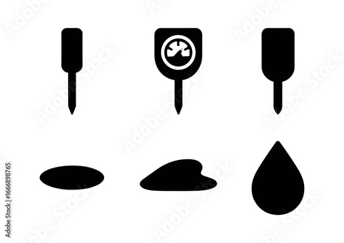 vector solid black filled icons soil pH tester (probe tip): metal probe grip handle scale dial label icon shadow smear moisture bead.