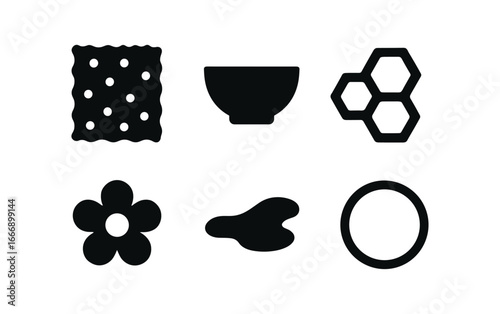 vector solid black filled icons reusable food wrap (beeswax wrap): wrap sheet bowl outline beeswax motif flower icon shadow smear light rim.