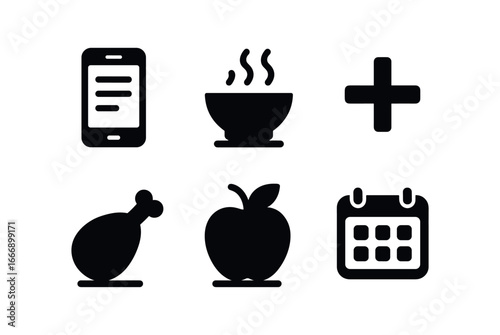 vector solid black filled icons diet tracking app (food log): phone screen meal icons plus button calendar icon shadow smear light rim.